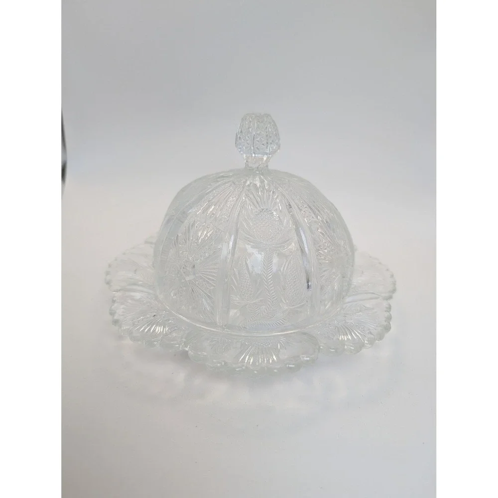 Vtg Clear Pressed Glass Higbee Thistle Starburst Domed Cheese Butter Dish 7.5in